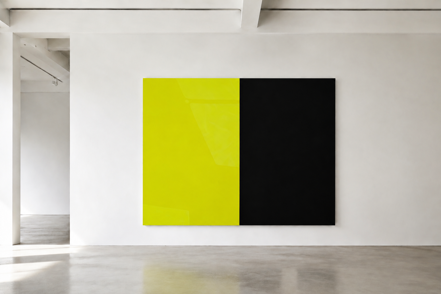 A nuanced chartreuse and black diptych installed in a quiet white gallery